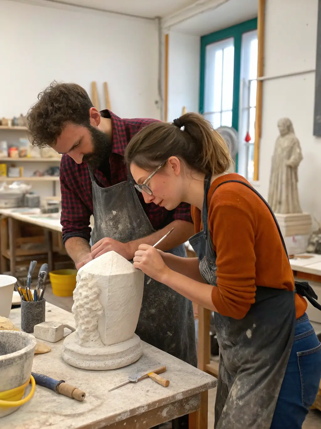 A group of artists collaborating on a large-scale sculpture project outdoors, demonstrating ONDE DE CHOC's commitment to community engagement and artistic collaboration.