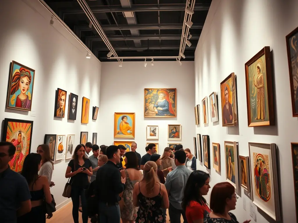 An image capturing the opening night of an exhibition, featuring artists and attendees admiring the displayed sculptures.