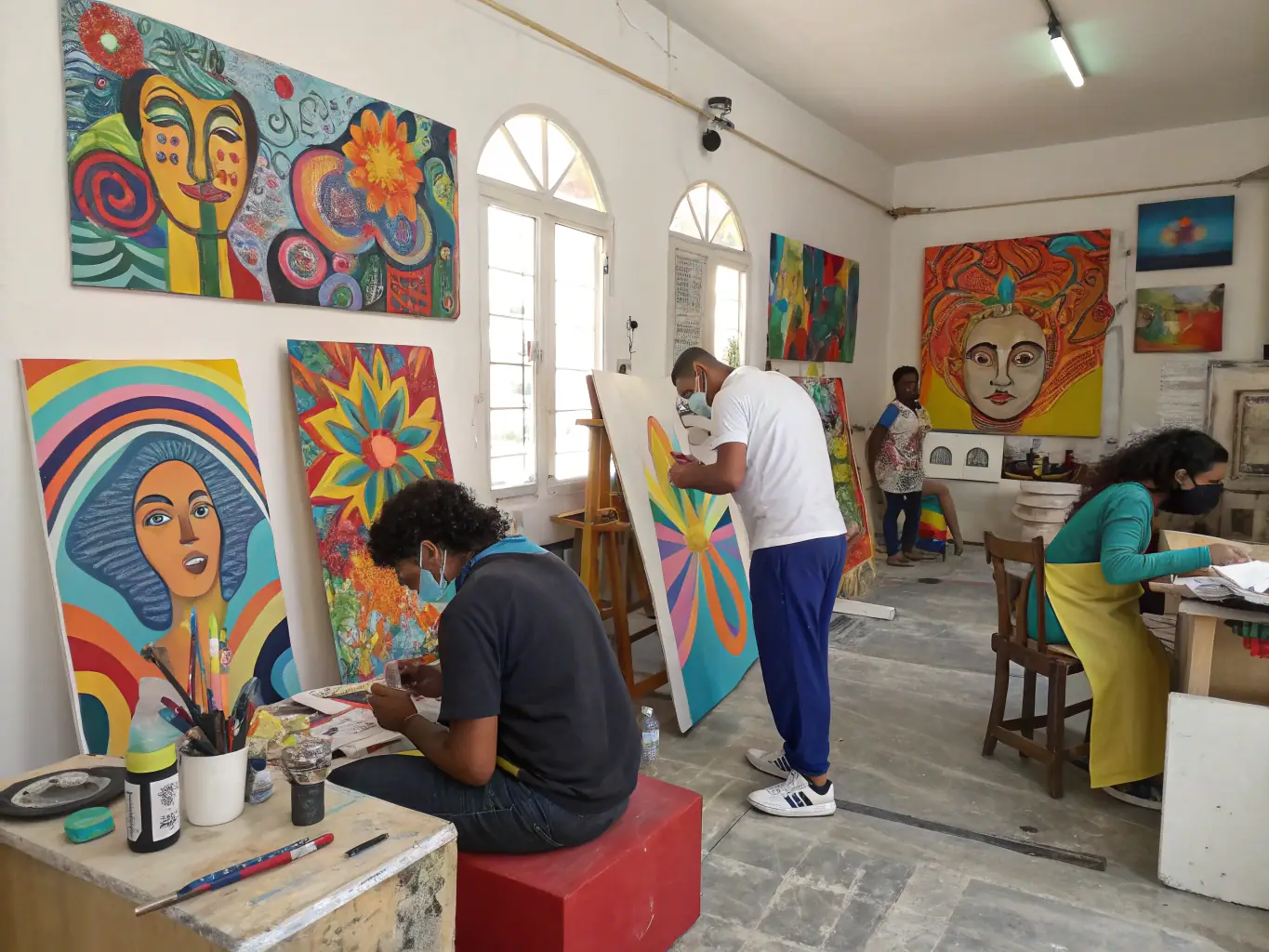 A photo of emerging artists working alongside mentors in a studio setting, demonstrating skill development and professional guidance.