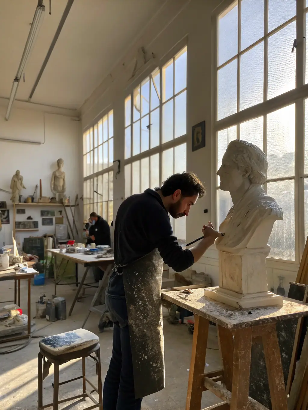 A photograph of participants actively engaged in a sculpture workshop at ONDE DE CHOC, showcasing hands-on learning and creative collaboration.