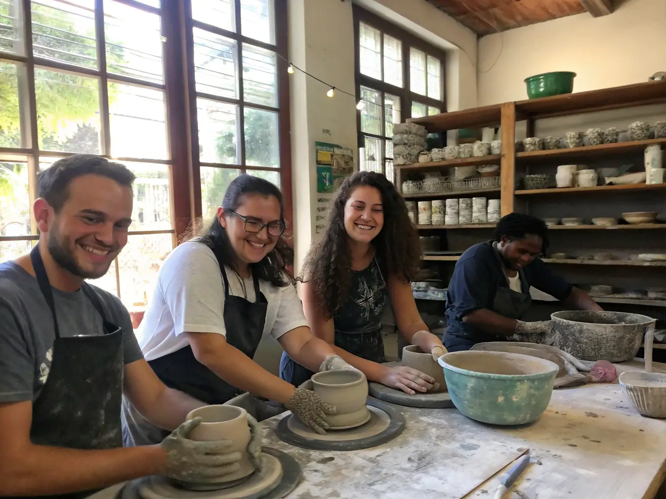 A vibrant image of participants actively engaged in a sculpture workshop, showcasing hands-on learning and creative collaboration.