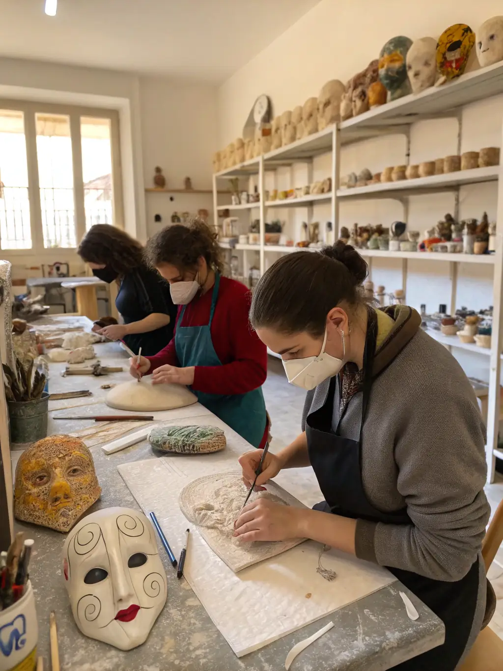 An inspiring image of artists working on sculptures in a bright, spacious studio, with tools and materials visible, representing ONDE DE CHOC's sculpture workshops.