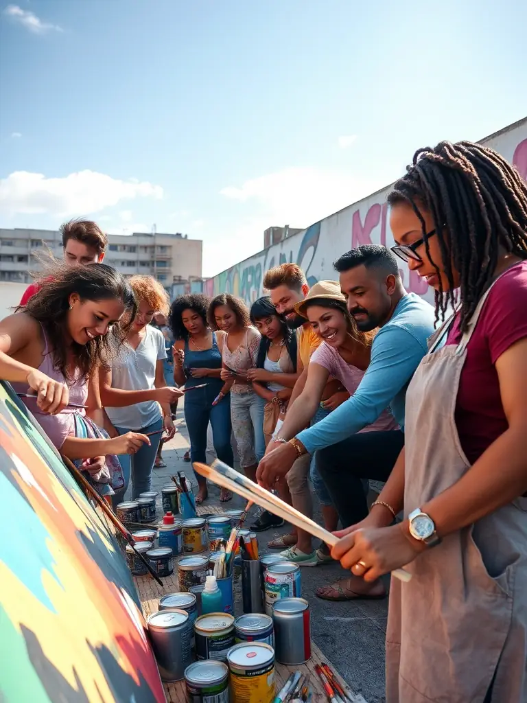 A group of diverse individuals participating in a community art project organized by ONDE DE CHOC, highlighting inclusivity and community engagement.