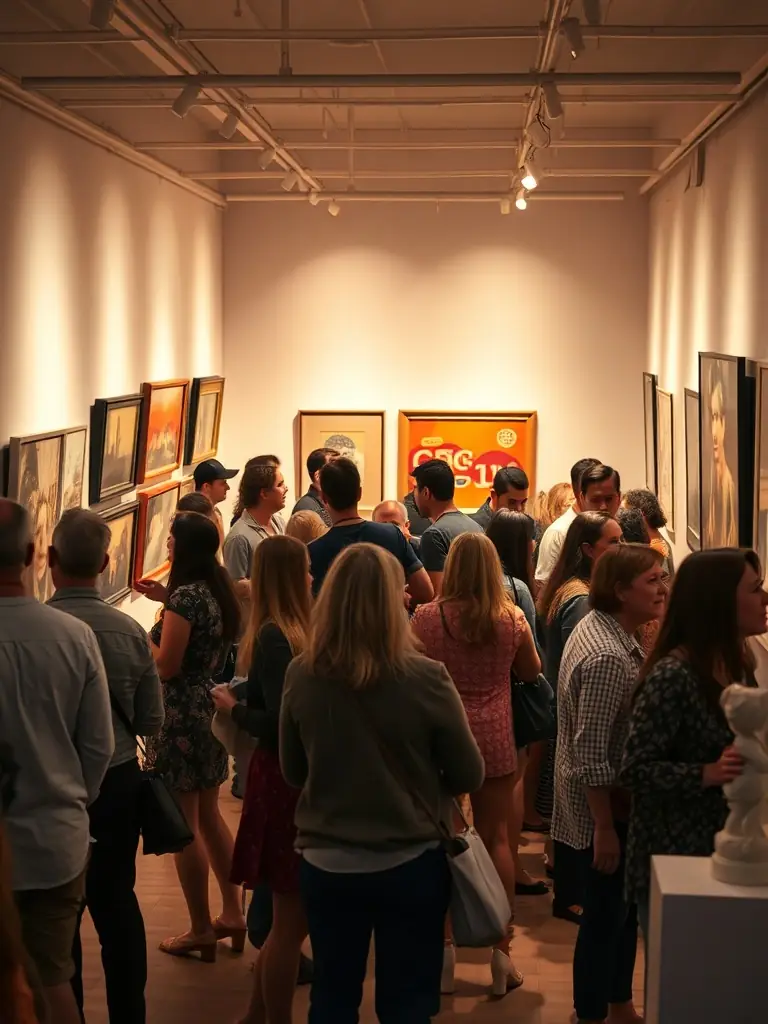 A photograph capturing the opening night of an exhibition at ONDE DE CHOC, featuring artists and attendees admiring the displayed sculptures.