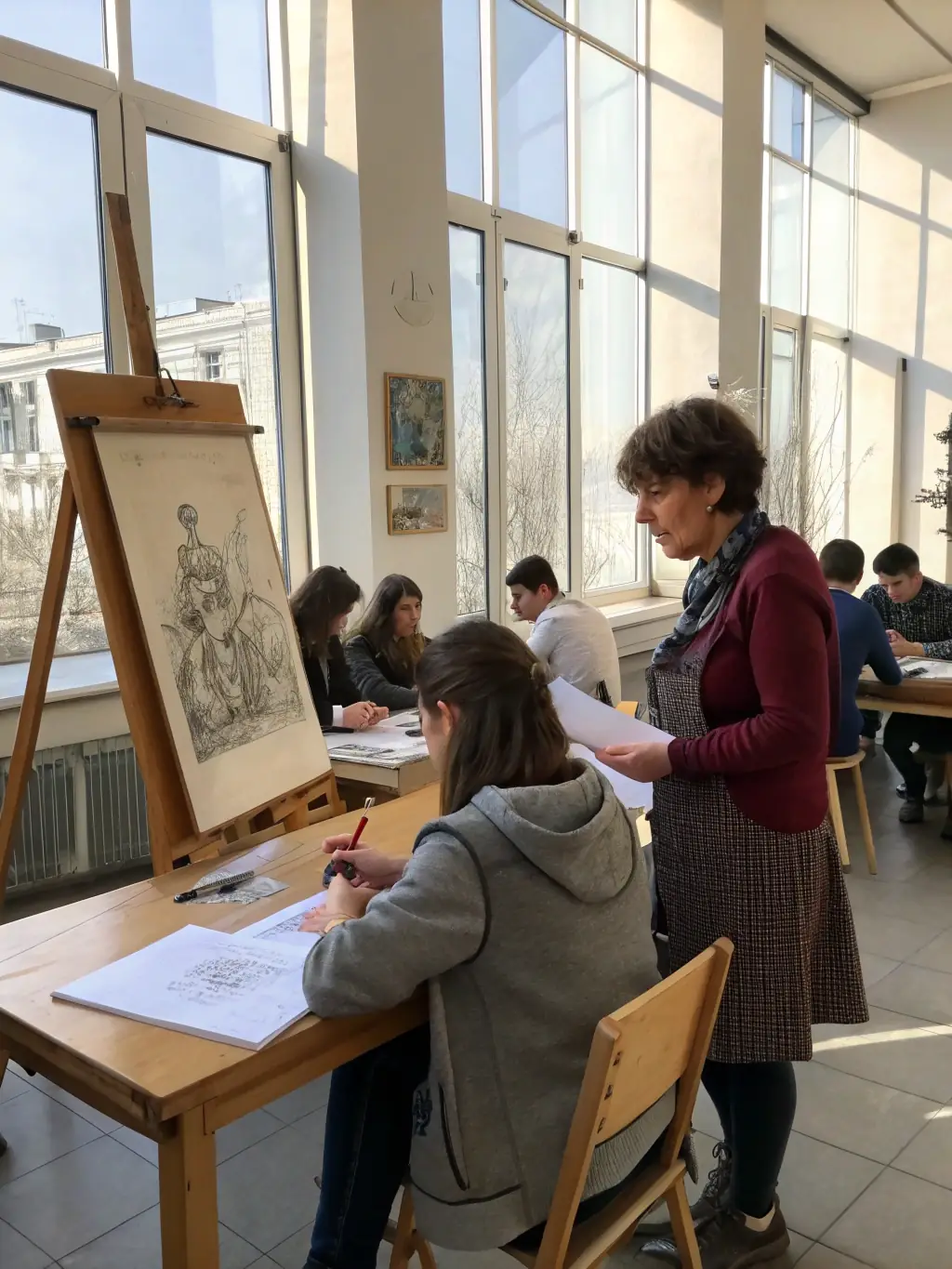 An instructor guiding a group of artists during a training session, with sculptures and tools around, illustrating ONDE DE CHOC's artist training programs.