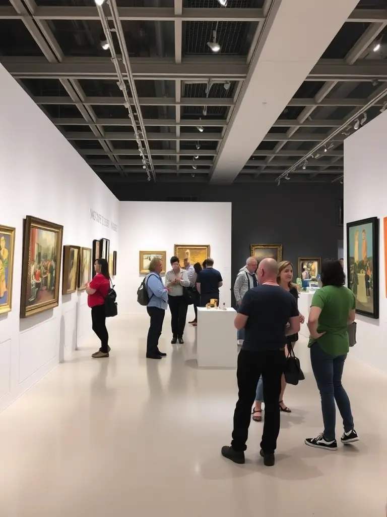 A vibrant image capturing an ONDE DE CHOC exhibition, featuring diverse sculptures and engaged attendees appreciating the artwork.